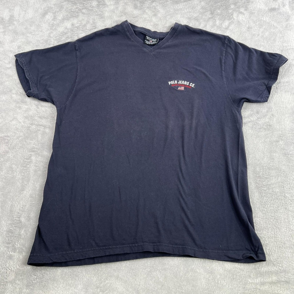 Vintage Polo Jeans Co Ralph Lauren V-Neck T-Shirt M Navy Embroidered Made USA